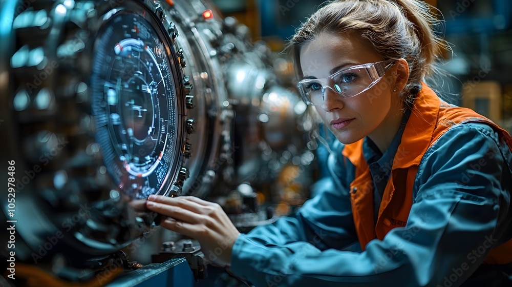 Poster engineers inspect wind turbine base with holographic displays showing structural integrity data for 
