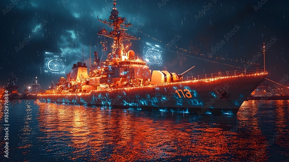 Poster a photography showcasing a futuristic warship docked at a naval base with holograms displaying advan