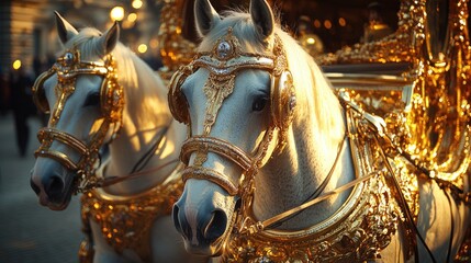 Two white horses pulling a golden carriage, with a blurred background of a crowd.
