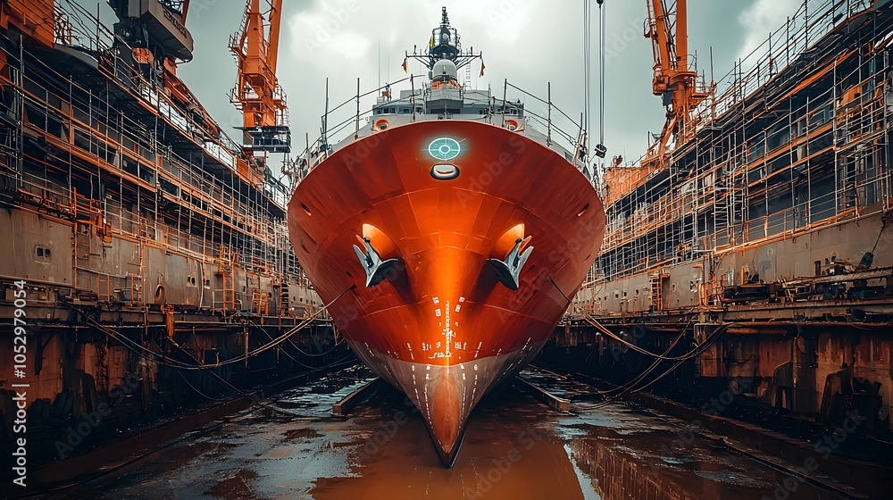 Poster a photography of a warship in dry dock surrounded by cranes and scaffolding with holograms showing c