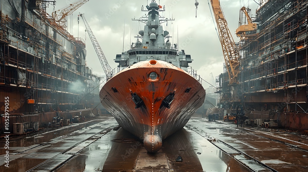 Poster a photography of a warship in dry dock surrounded by cranes and scaffolding with holograms showing c