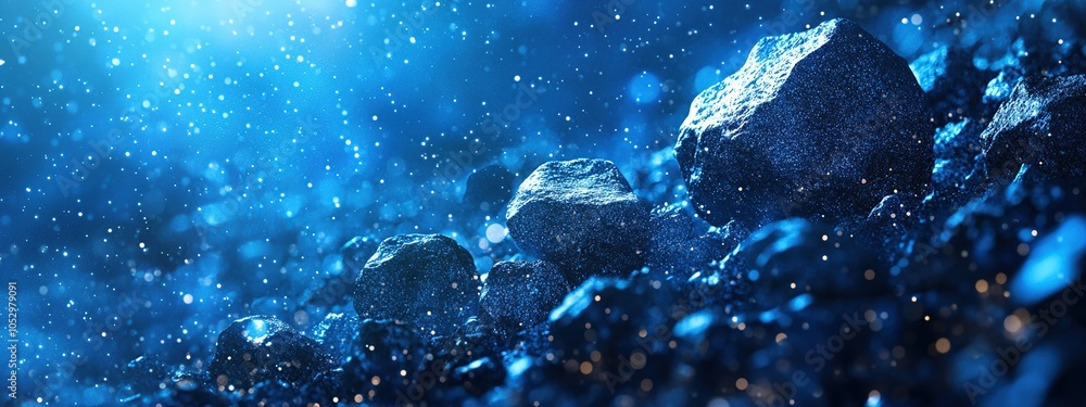 Poster abstract blue background with rocks and bokeh lights.