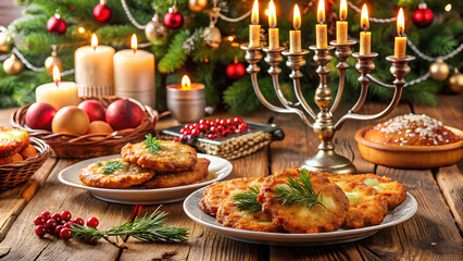 Fototapeta premium Table with latkes and Christmas cookies, Hanukkah and Christmas Festive 