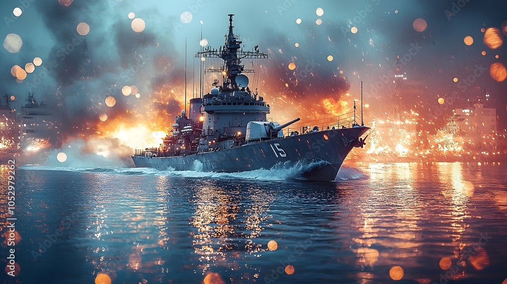 Poster advanced naval warship launching a high tech missile with holographic overlays displaying target acq