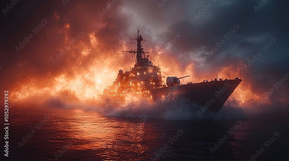 Poster futuristic image of a warship launching a missile with holographic overlays showing advanced target 