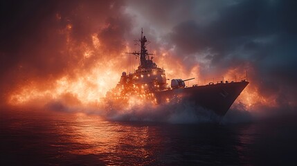 Fototapeta premium Futuristic image of a warship launching a missile with holographic overlays showing advanced target acquisition and mission data