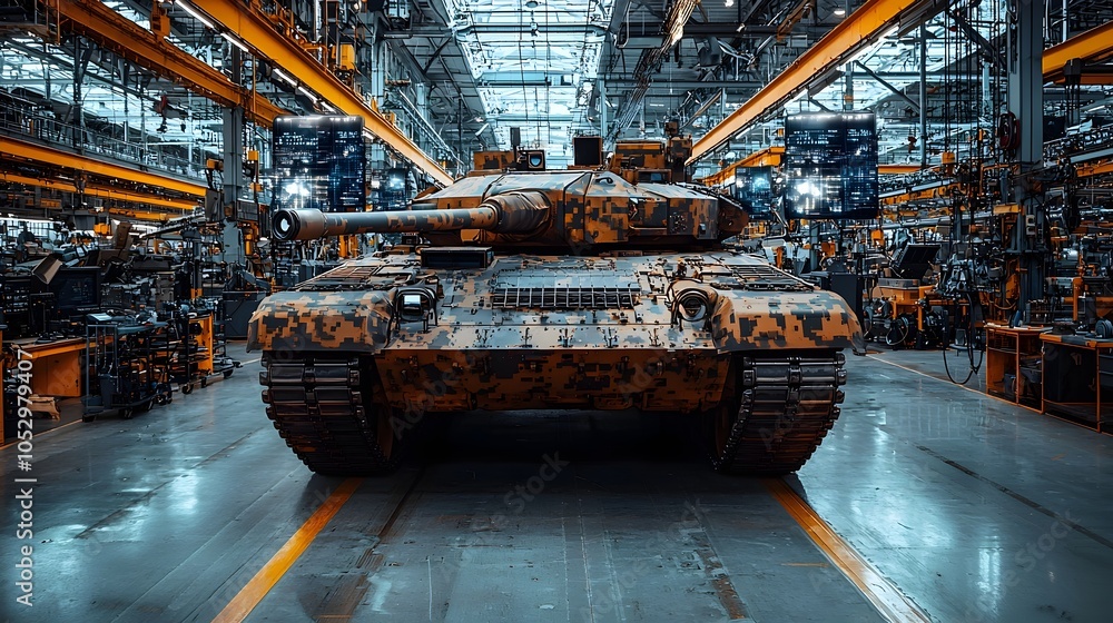 Poster high tech tank maintenance in a futuristic holographic hangar with advanced diagnostics and componen