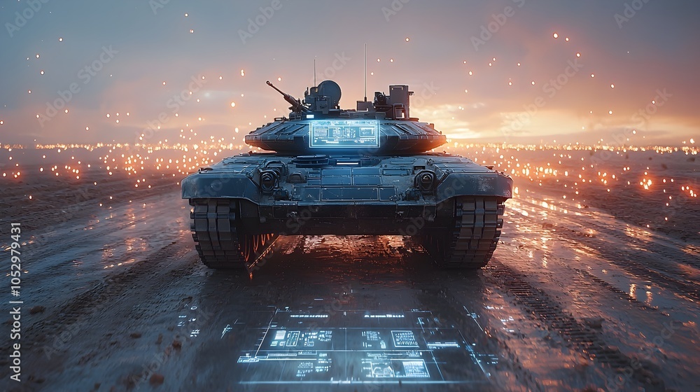 Poster armored tank convoy navigating through a desert landscape with advanced holographic displays showing