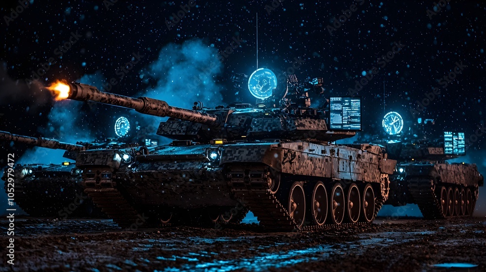 Poster high tech tank firing main cannon during live fire military exercise with futuristic holographic dis