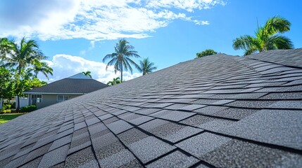 Sunlit residential roof in Fort Lauderdale with fresh, smooth sealant applied along shingle edges and seams, enhancing waterproof protection. Tropical palm trees and blue skies in the background 