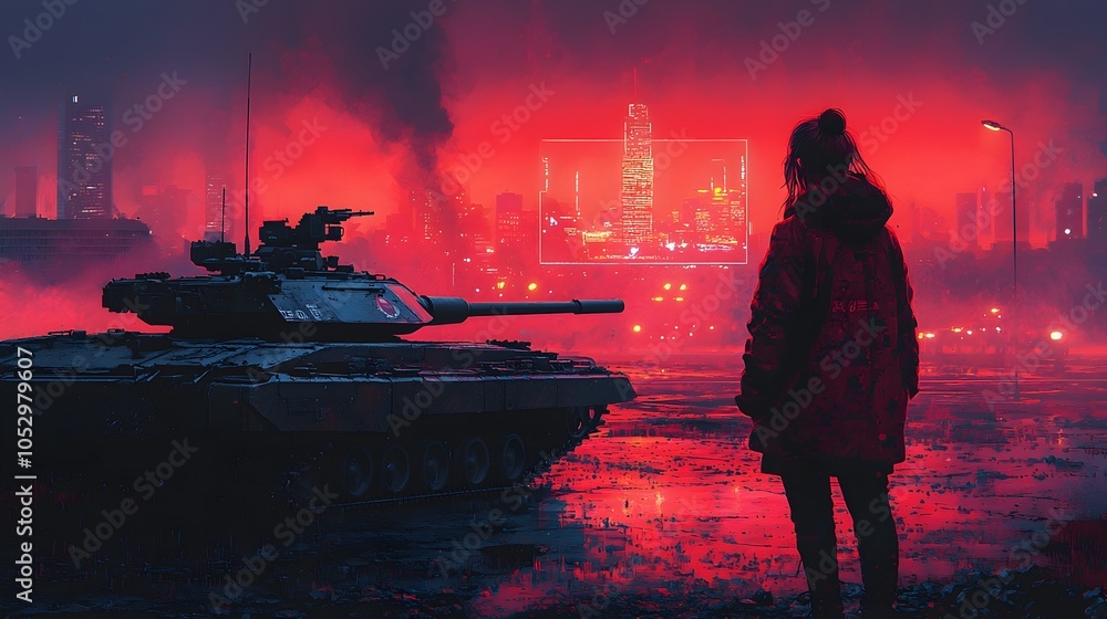Poster a high tech tank during an urban warfare training exercise equipped with advanced holograms displayi