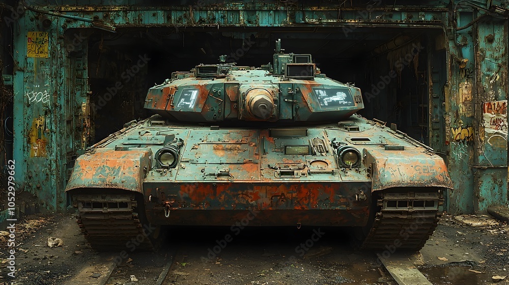 Poster a photography of a tank during an urban warfare training exercise with holograms displaying real tim