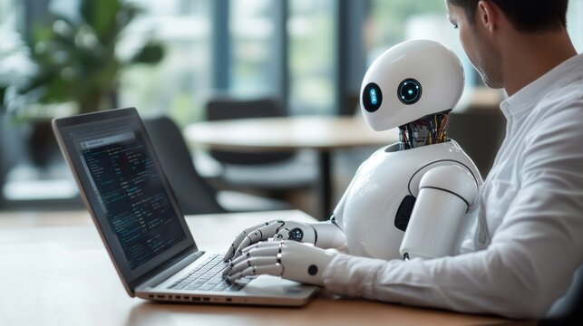 illustration of a human teaching a robot to use a computer