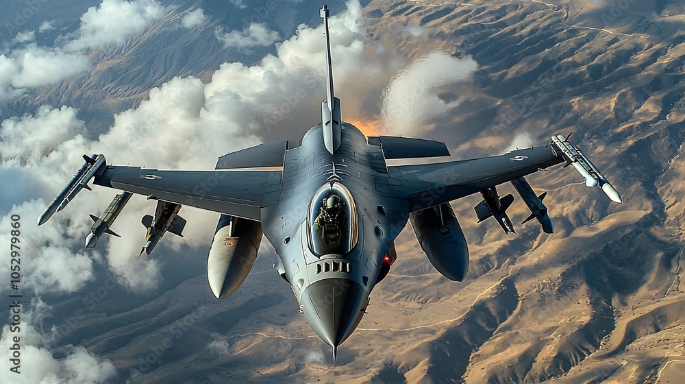 Poster image of a highly advanced fighter jet in mid flight during a combat exercise with holographic displ