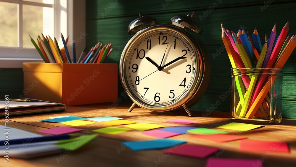 Poster a desk with an alarm clock, pencils, sticky notes, and a notebook, with a window in the background.