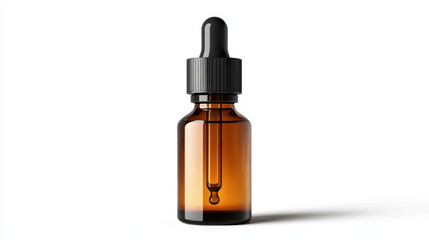Naklejka premium A simple amber glass dropper bottle, often used for essential oils or serums, stands alone against a white background.