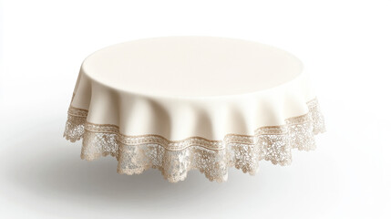 A round, cream-colored tablecloth with a delicate lace trim, perfect for enhancing dining aesthetics and creating an elegant atmosphere.