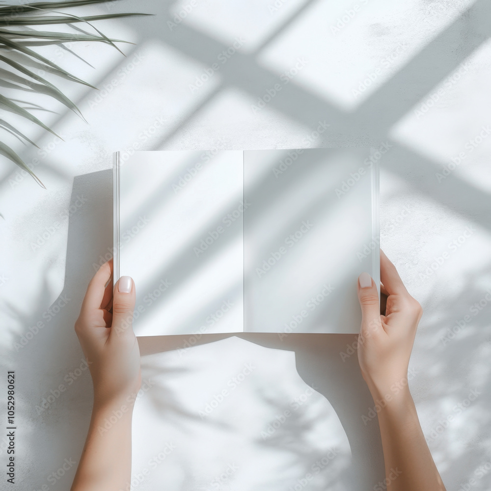 Poster a pair of hands holds an open blank book, casting soft shadows on a light surface, surrounded by gre