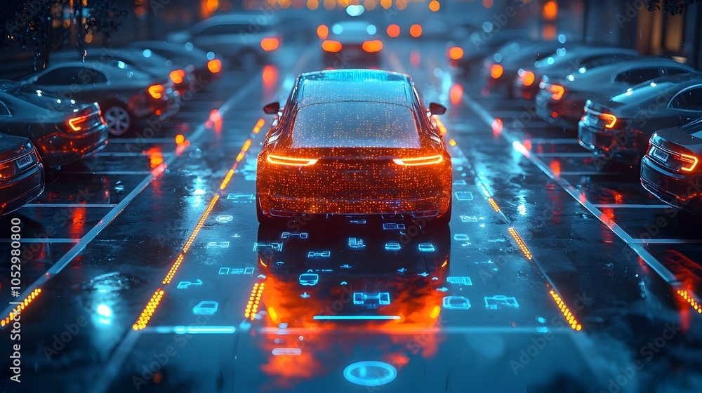 Poster innovative parking lot design with holographic displays showcasing real time availability and occupa