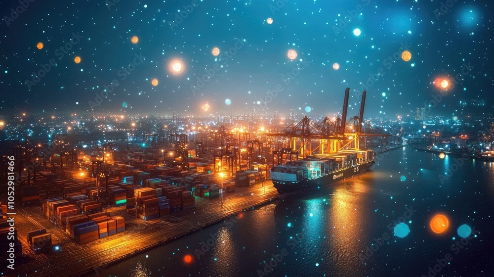 Poster a container ship docked at a busy port at night, with a starry sky and bokeh effect.