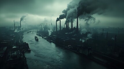 Fototapeta premium Massive coal fired power plant with towering chimneys releasing thick plumes of smoke highlighting the environmental impact and pollution from fossil fuel energy production