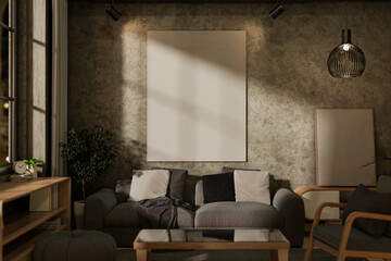 A contemporary loft living room at night, featuring a picture frame on the loft wall and home decor.
