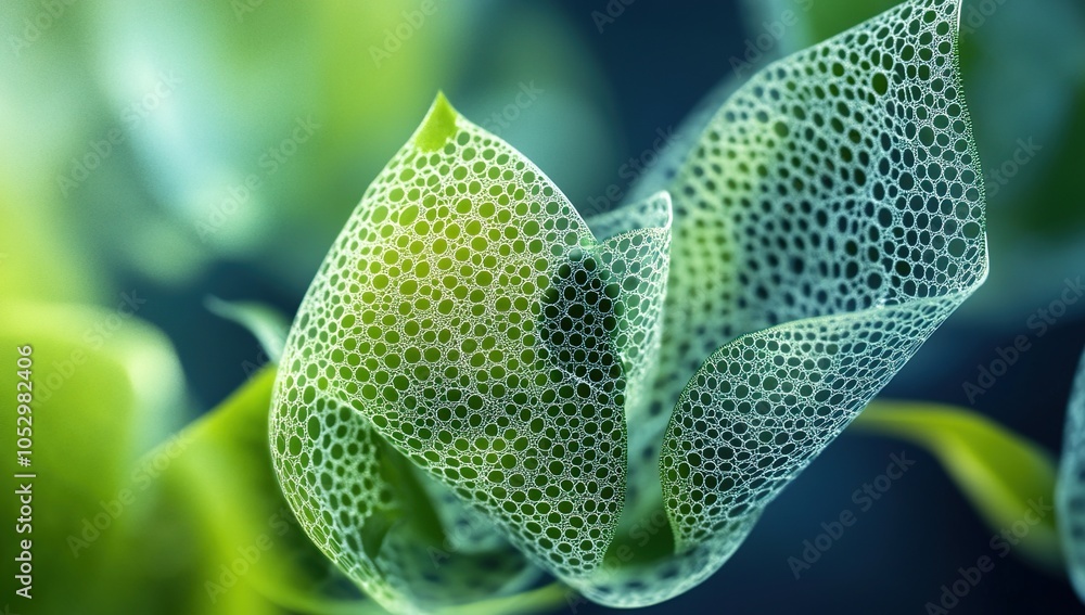 Poster close-up of a green leaf with a translucent, dotted pattern overlay, creating a delicate and intrica