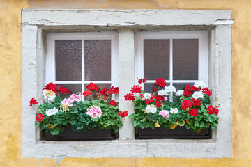 Fenster eines mittelalterlichen Hauses in der Altstadt von Rothenburg ob der Tauber in Deutschland...