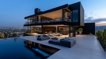Obraz premium Modern Hilltop Oasis: A sleek, contemporary home perched atop a hill boasts breathtaking city views, a luxurious infinity pool, and a sophisticated design that embodies modern elegance. 