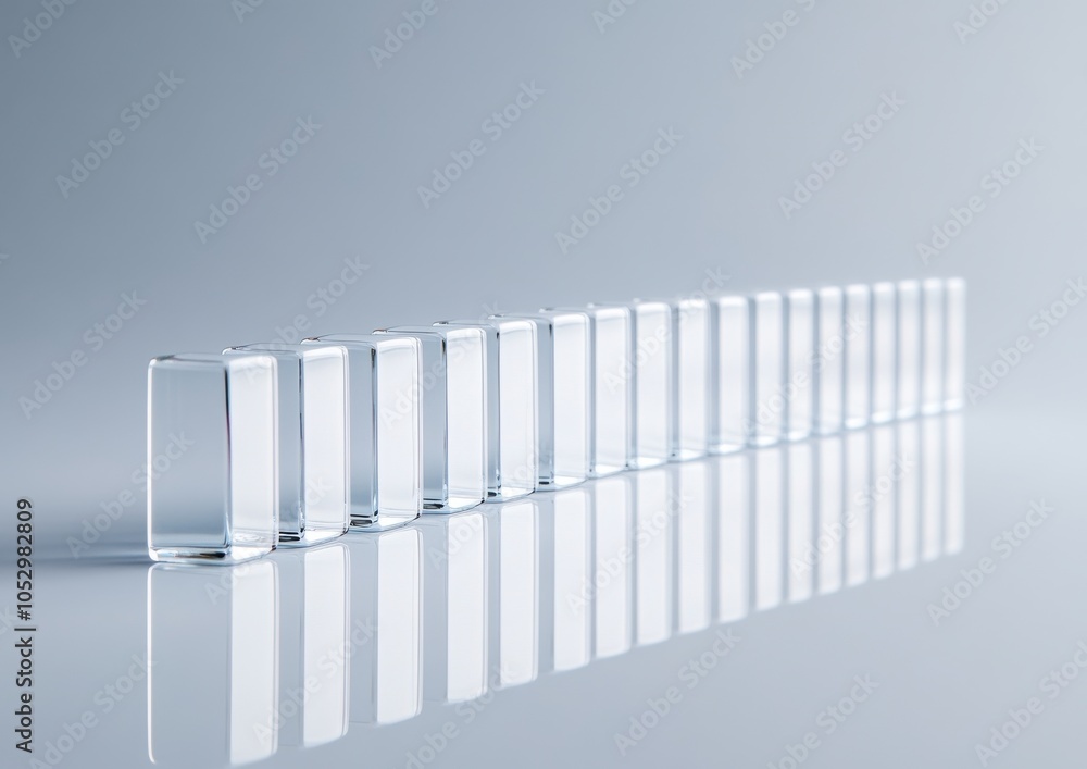 Poster a row of clear, rectangular glass blocks reflecting on a smooth surface, creating a minimalist and e