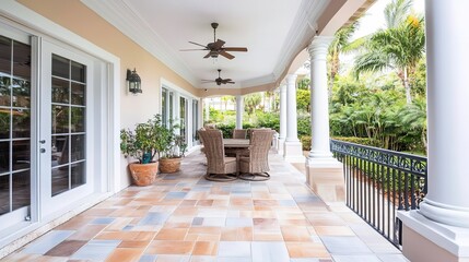 Obraz premium Top view of a porch and patio with durable, weather-resistant tiles in a natural stone and earthy finish, creating a welcoming outdoor space that seamlessly blends style and functionality, 