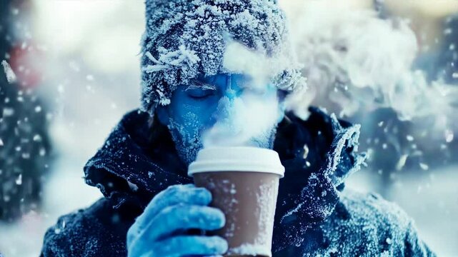 Frozen Man with Frost Covered Face and Steaming Coffee, Braving Intense Winter Weather and Freezing Temperatures enjoying a hot coffee. Video made using Generative AI