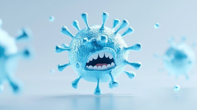 A funny little blue microbe, tiny yet raging, with exaggerated facial features, against a minimalist light background, creating a playful tone