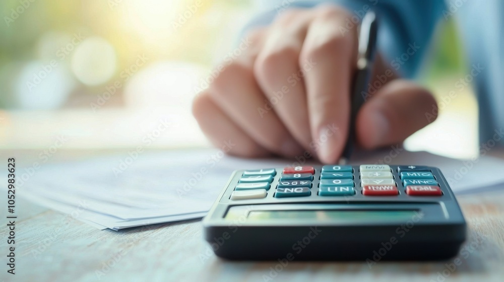 Poster a hand pressing buttons on a calculator while reviewing documents, symbolizing calculation and finan
