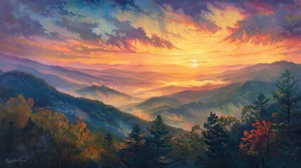 Fototapeta premium Misty mountain landscape with stunning sunset.