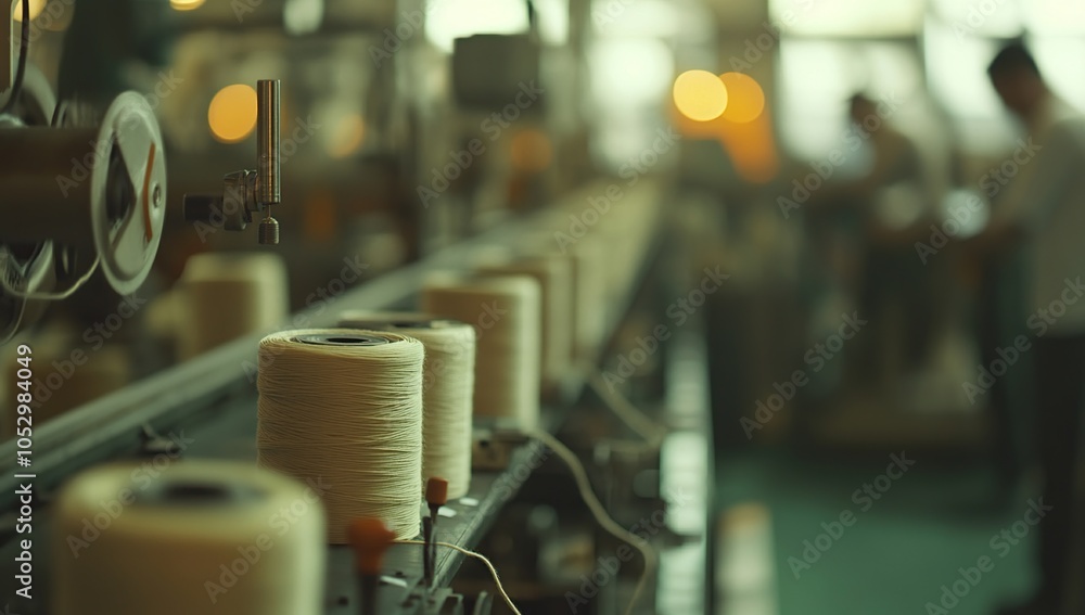 Poster close up of white thread spools on a machine in a factory setting with workers in the background.