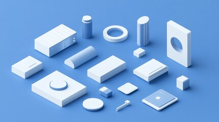 2410_009.isometric web design elements collection, electric blue background, white geometric shapes, ui ux component showcase, minimalist tech illustration