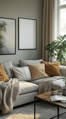 A modern living room with a grey sectional sofa, throw pillows, a blanket, and a coffee table.