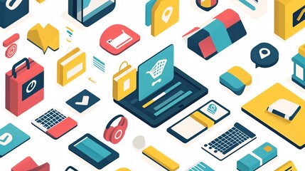 2410_020.modern web marketing icon collection, e-commerce symbols, geometric vector illustrations, isometric perspective, vibrant color blocking, simplified shapes, tech industry visual language,