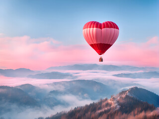 Fototapeta premium Beautiful red air balloon heart shape against blue and pink pastel sky in a sunny bright morning. Foggy mountains in the background. Romantic trip on Valentine's Day. Sport and recreation travel theme
