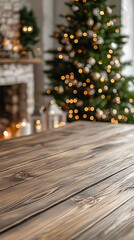 The empty wooden table top with blur background of Christmas