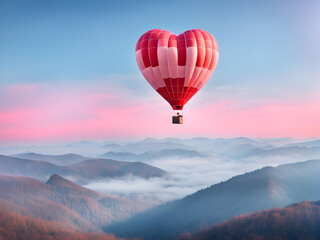 Fototapeta premium Beautiful red air balloon heart shape against blue and pink pastel sky in a sunny bright morning. Foggy mountains in the background. Romantic trip on Valentine's Day. Sport and recreation travel theme