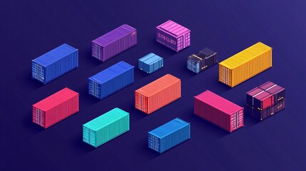 Obraz premium 2410_104.diverse cargo box illustrations, international shipping concept, vivid color palette, varied container designs, 3d isometric view, clean vector art style, simplified industrial symbolism