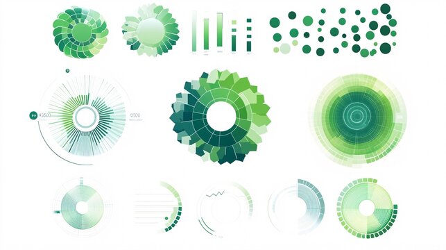 2410_043.circular data visualization set, gradient green progress charts, minimalist vector infographics, modern percentage indicators, clean white space design, business analytics elements, sleek ui
