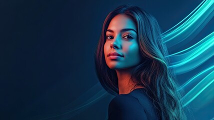 Fototapeta premium Radiant Beauty in Cyan Light: A captivating portrait of a young woman with long, wavy brown hair, illuminated by vibrant cyan and orange light streaks, creating a modern and stylish aesthetic.