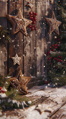 Christmas decor with gingerbread stars, pine cones, and a warm wood backdrop
