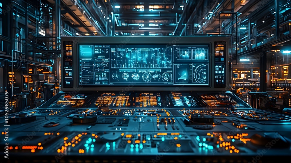 Poster futuristic control room featuring holographic displays visualizing carbon dioxide levels across diff