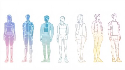 2410_080.clothing fitting room icons, simplified human shapes, fashion design reference figures, unisex body outlines, minimal line art style