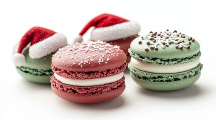 Fototapeta premium Close-up Christmas macarons, red, green, white, with Santa hats and snowflakes decorations, festive design, isolated on white background