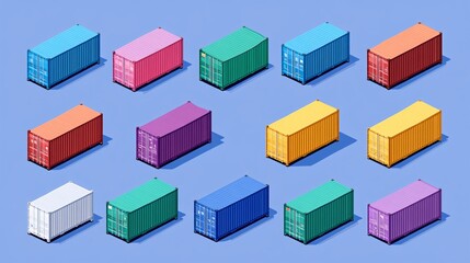 2410_102.colorful freight container set, isometric perspective, bold hues, industrial transportation symbols, simplified 3d models, crisp outlines, logistics and trade illustration, minimalist design